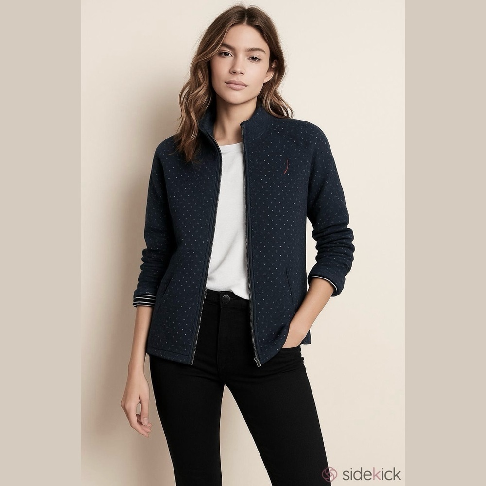 Quilted Zip Jacket, Stripe Lining, Black, White, Size PL